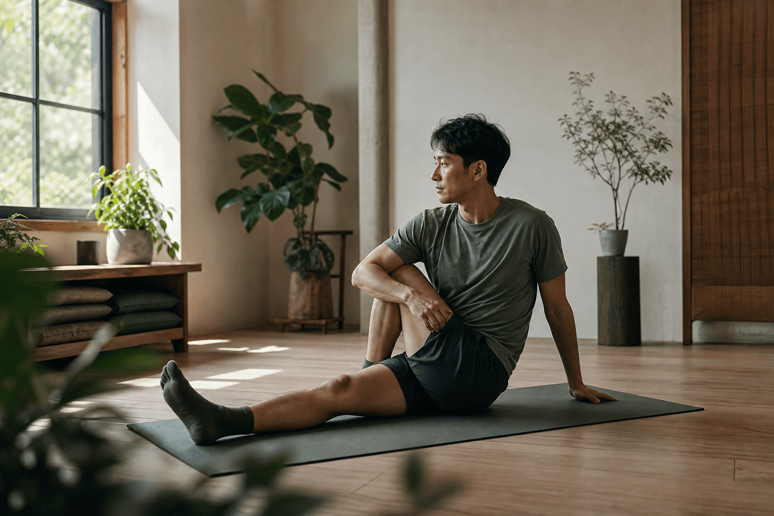 Fisher coaching a calm mobility session in soft studio light